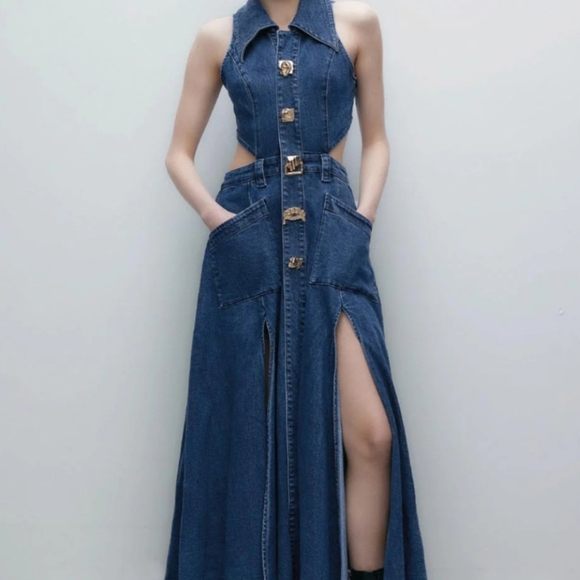 Cut Out Stretchy Sleeveless Maxi Denim Dresses - Picture 5 of 6